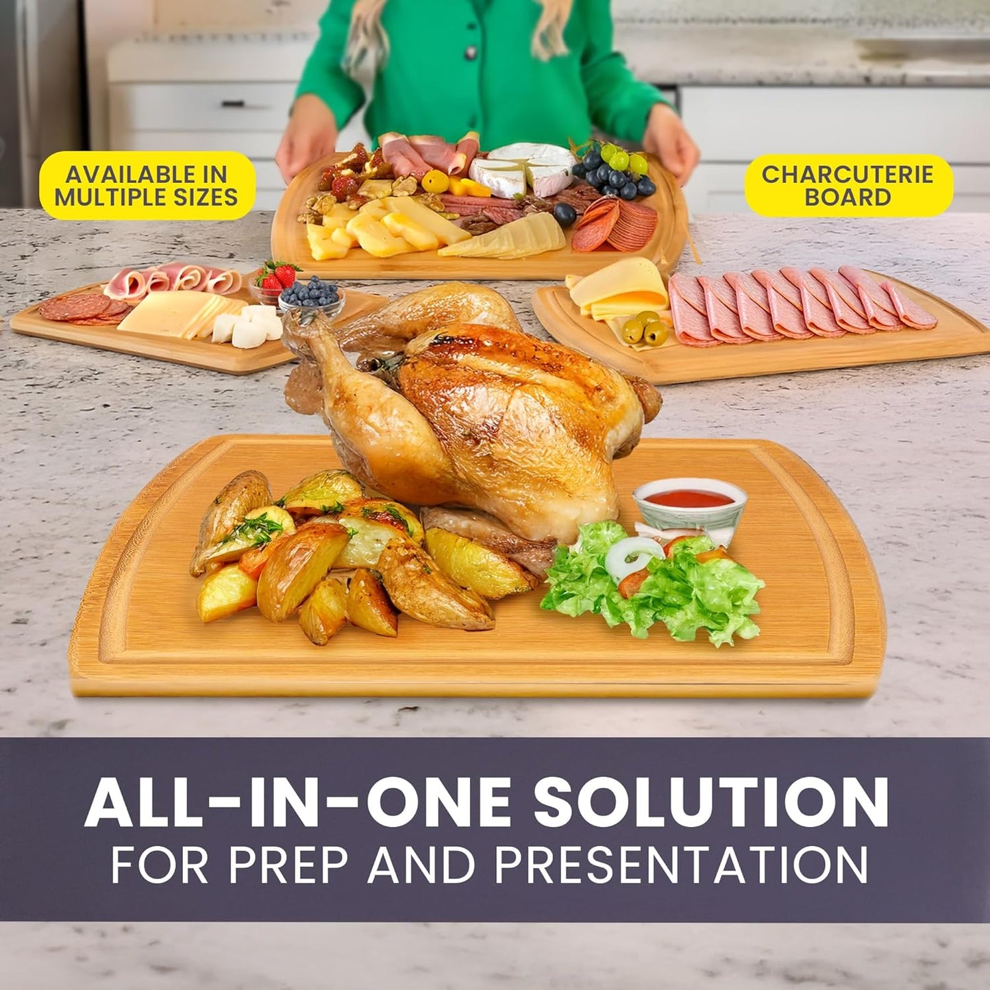 Extra Large Bamboo Cutting Board Set of 4 – Wood Cutting Boards for Kitchen with Glue-Free Surface™ & Juice Groove – Non-Toxic Wooden Chopping Boards, FSC-Certified, Durable Carving Boards