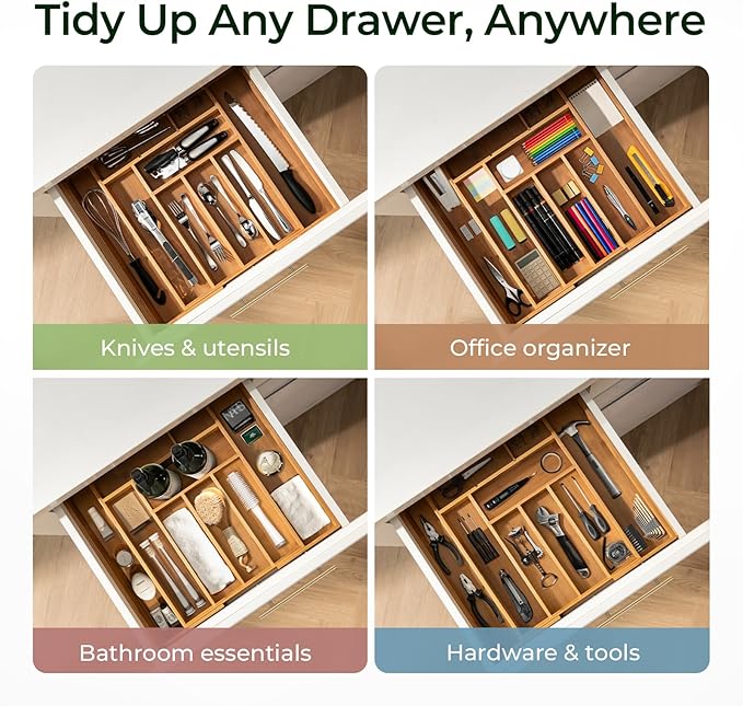 Carbonized Bamboo Kitchen Drawer Organizer, 10 Slots Expandable Silverware Organizer, Utensil Holder & Cutlery Tray, 2.2" Deep for Extra Capacity, Non-Slip Feet Included