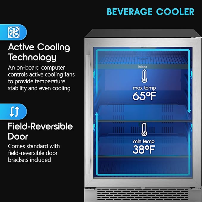 Zephyr Brisas 24 Inch Wine Fridge Single Zone Under Counter - Beverage and Wine Cooler Drink Refrigerator for Home with Glass Door 8 Bottles 112 cans