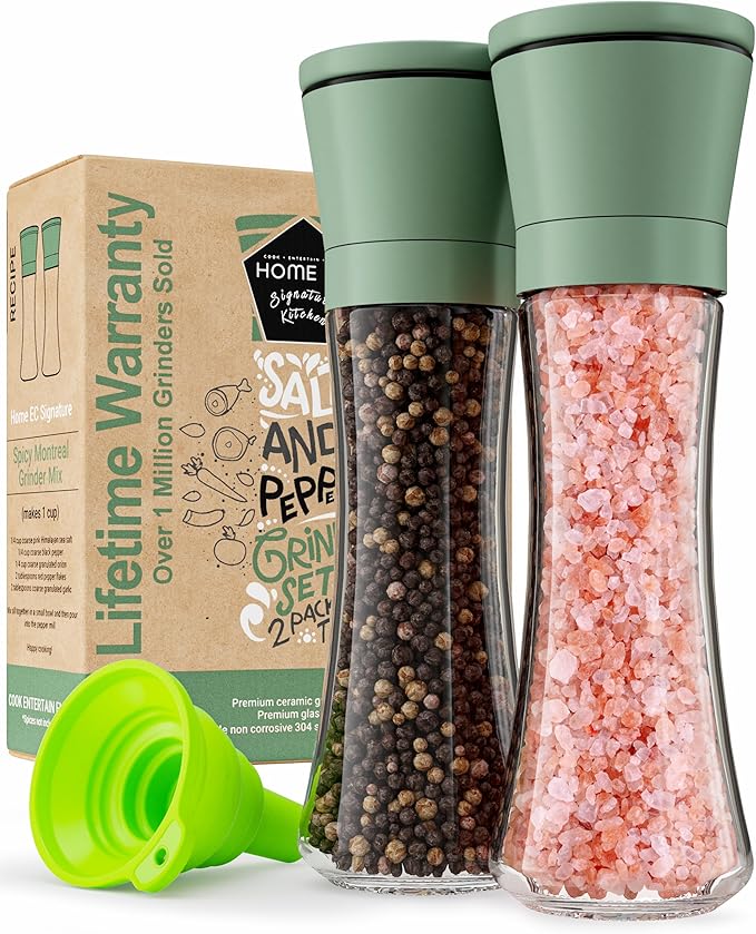 Home EC Premium Green Sea Salt and Pepper Grinder Set of 2 - Adjustable Ceramic - Tall Glass Salt and Pepper Shakers - Kitchen Pepper Mill & Salt Mill W/Funnel & EBook