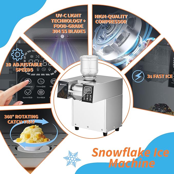 Snowflake Ice Machine, Commercial Shaved Ice Machine, Electric Snow Cone Maker, 10 Gears Adjustable Speed for Home, Outdoor Kitchen, Restaurant, Bakery, Café (Air Cooling, 250kg/24H)