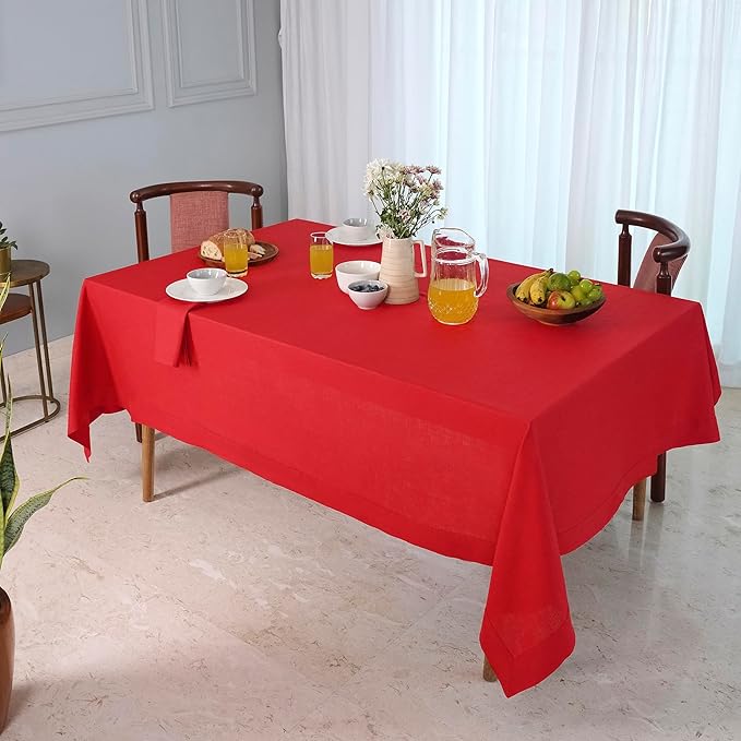 D'Moksha Homes Linen Tablecloth 60 x 90 Inch - 100% Pure Linen Bright Red Tablecloth for Rectangle Tables - Machine Washable Table Cloth for Fall, Autumn and Halloween