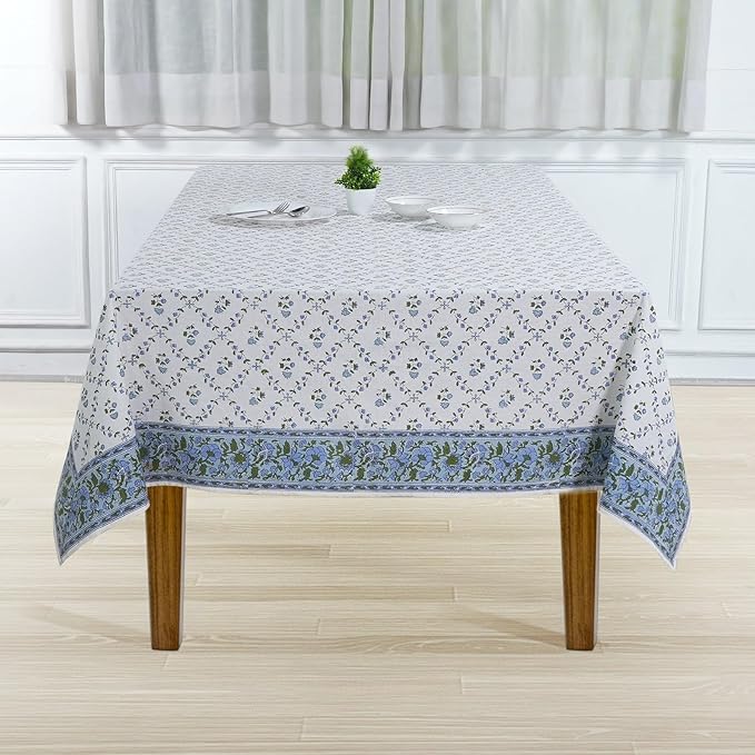 Ridhi Blue Block Print Table Cloths 100% Cotton 60 Inch x 60 Inch Decorative Washable Rectangle Tablecloth Table Cloth, Dining, Kitchen, Parties & Camping, Faience - Spring/Summer