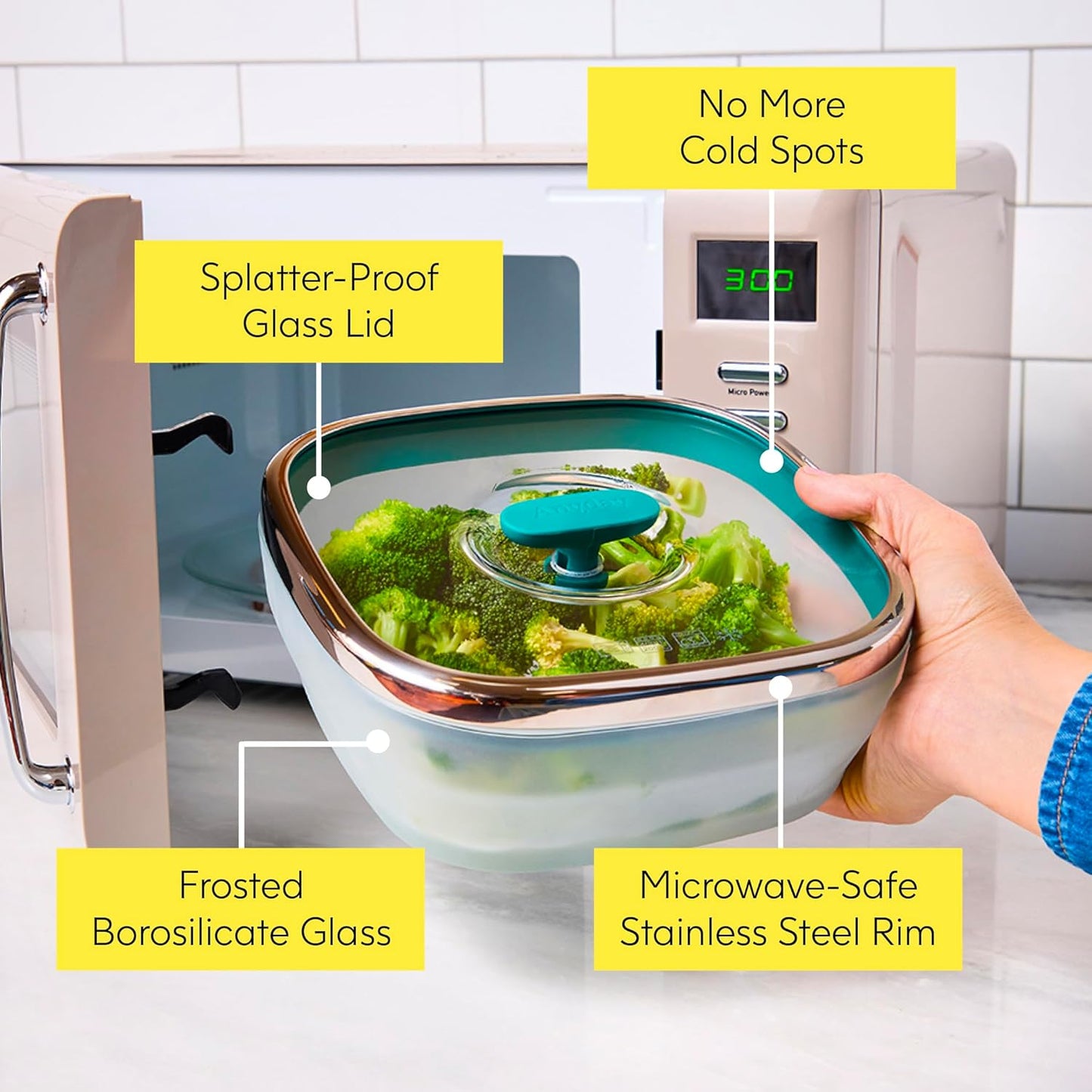 Anyday 10-Cup Square Glass Food Storage with Glass Lid | Plastic-Free Meal Prep & Microwave Cookware | Stackable Airtight Storage Container with Vented Lid for Microwave-Safe Reheating