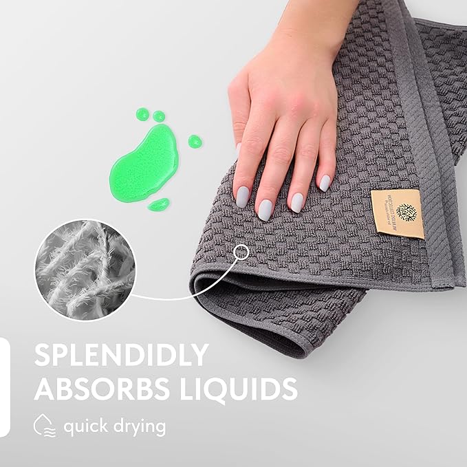 Wealuxe Super Absorbent Kitchen Towels 12 Pack - Premium 100% Cotton Kitchen Towels, 450GSM Thick Machine Washable Gray Dish Towels for Kitchen Drying, Cleaning, Dobby Weave, Unmatched Quality