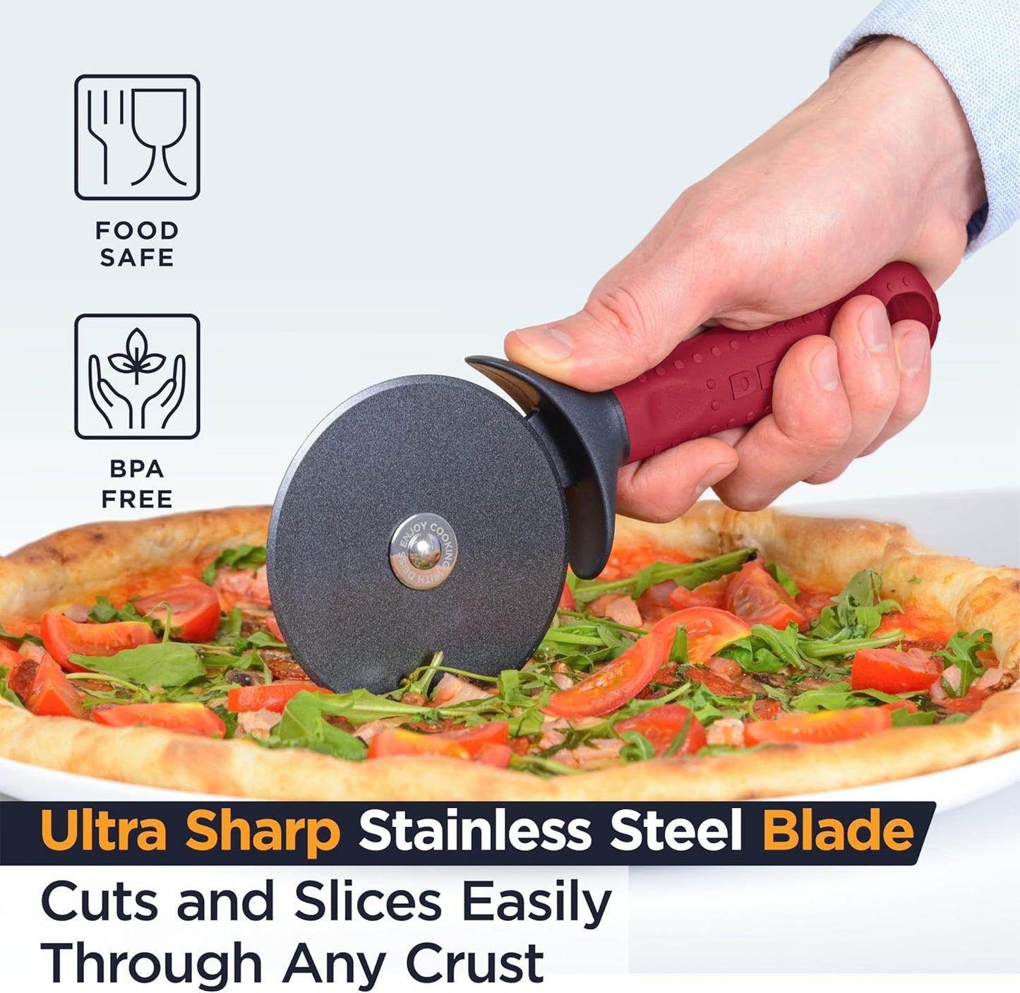Deiss Lux Heavy Duty Pizza Cutter With Wheel Slicer- Stainless Steel Sharp Smooth Pizza Cutter Wheel With Easy Grip Non-Slip Handle, Dishwasher Safe (RED)