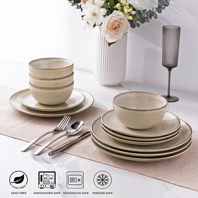 GBHOME Ceramic Dinnerware Sets for 4, 12 Pieces Stoneware Plates and Bowls Sets, Reactive Glaze Dishes -Scratch Resistant, Dishwasher&Microwave Safe-Cappuccino
