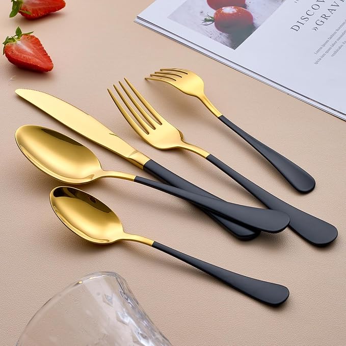 20-Piece Gold and Black Silverware Set for 4, 18/0 Stainless Steel Flatware Cutlery Utensils Set, Include Dinner Knives,Dinner Forks,Dinner Spoons,Salad Forks,Teaspoons,Dishwasher Safe