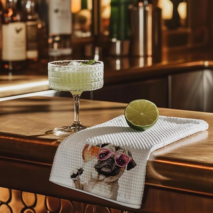 Cabana Bro Funny Wine Pug Kitchen Towels, Pug Lover Gifts Dish Tea Hand Towels for Kitchen Bar Cart Decor, Gifts for Wine Lovers, Bar Towel for Bartender, 16x24 Inches