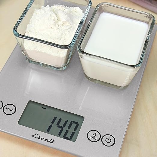 Escali Arti Glass Food Scale Digital Countertop Kitchen, Baking and Cooking Scale with Nutrition and Calorie Counter, 15-Pound Capacity, 9" x 6.5" x .75", Shiny Silver