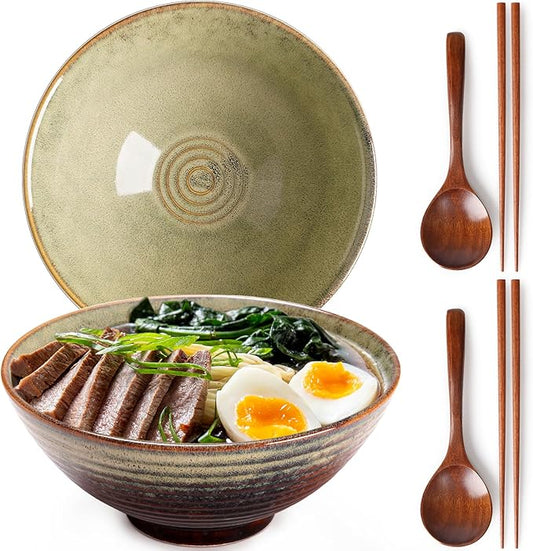 NUTRIUPS 8 Inch Ceramic Ramen Bowl Set of 2 Pho Bowls 40oz Japanese Noodle Udon Soup Bowls with Spoons and Chopsticks (Misty Blue)