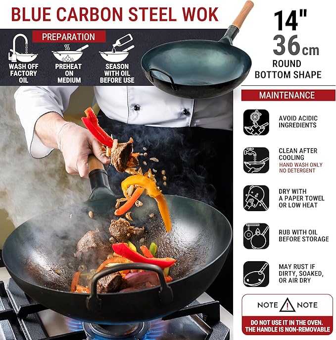 YOSUKATA 14” Round Bottom Carbon Steel Wok Pan – Blue Pre-Seasoned Pow Wok for Stir Fry, BBQ & Camping – Traditional Japanese & Chinese Cookware – Compatible with Gas Stoves & Open Fire Only