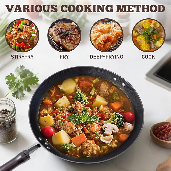 HONGJIANG Cast Iron Wok Pan, 11.8" Pre-Seasoned Flat Bottom Wok,Coating-Free Wok Stir Fry Pan With Glass Lid,Compatible Traditional Chinese Wok For Induction, Electric, Gas,Open Fire