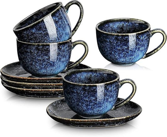 vicrays 6.5 oz Cappuccino Cups with Saucers, Set of 4, Ceramic Coffee Cup for Au Lait, Double shot, Latte, Cafe Mocha, Tea (Starry Blue)