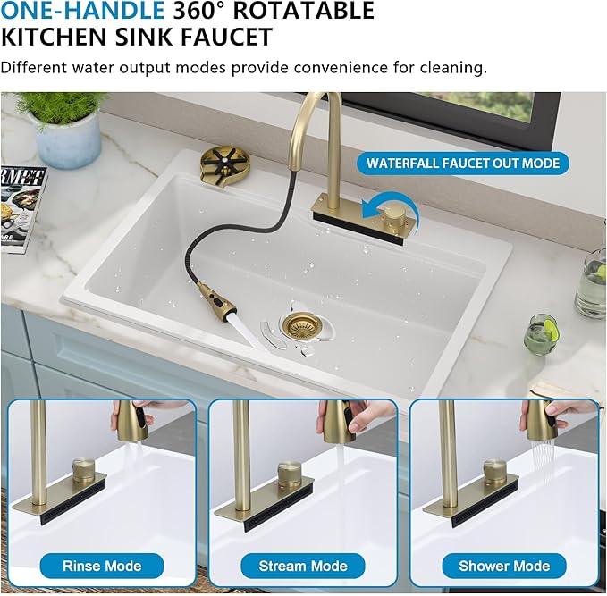 33"x22" Waterfall Kitchen Sink Workstation - White Granite Composite Quartz Classic Drop In Topmount Single Bowl Multifunction Smart Waterfall Sink with Faucet Combo & Glass Rinser