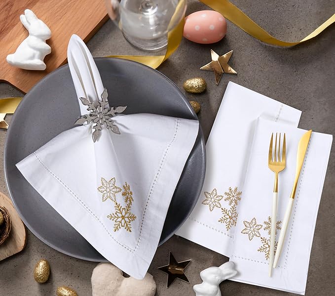 Bedding Craft Cotton Cloth Dinner Napkins Set of 12 – 18x18 White with Gold Embroidery – Reusable Machine Washable Fabric Napkins for Weddings, Parties & Everyday Dining