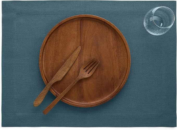 Solino Home Linen Cloth Placemats Set of 4 - 100% Pure Linen Peacock Blue Placemats 14 x 19 Inch - Fete