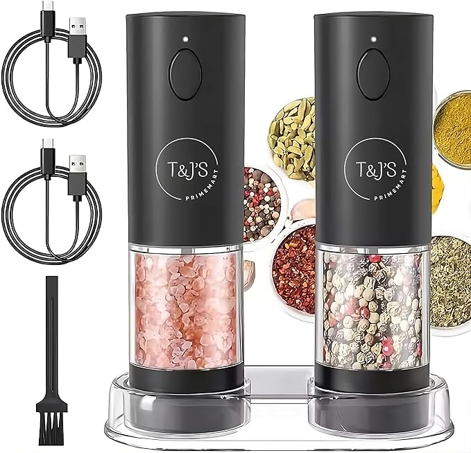 T&J's Upgraded Larger Capacity Electric Salt and Pepper Grinder Set Rechargeable (2 Pack) One Hand Operation with Storage Base, Five-Level Adjustable Coarseness and Warm LED Light, Black