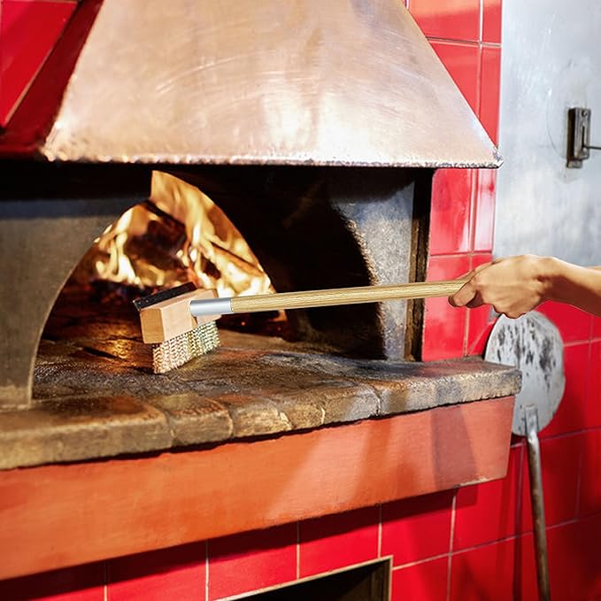 Pizza Oven Brush Brass Bristles with Steel Scraper 60 Inch Long Wood Handle Outdoor Pizza Oven Tool