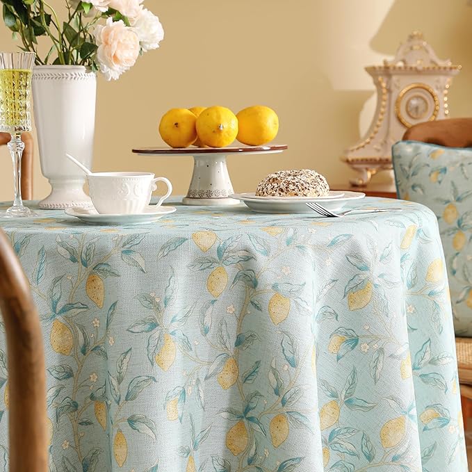 patdrea Designer Green Tablecloth for Round Tables,Vintage Linen with Yellow Fruits Pattern Tablecloths,Cottage Rustic Table Cover Cloth Decor for Kitchen Dining Christmas,Diameter 67"