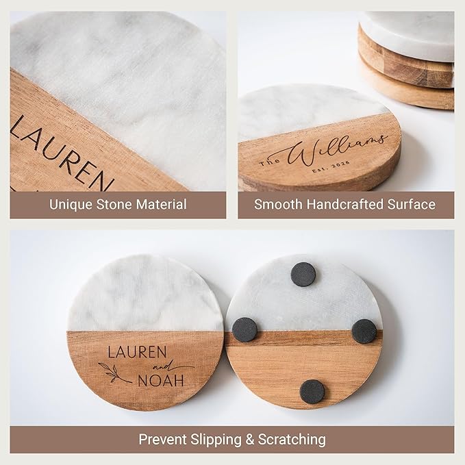 Custom Engraved Wood Marble Cutting Board Set, Personalized Cheese Board & Charcuterie Tray with Coasters, Ideal Housewarming or Wedding Gift