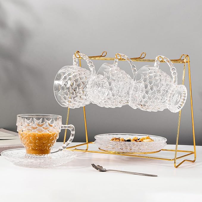 Glass Tea Cups and Saucers Set of 6 - Fish Scale Coffee Mugs - Teacups Set for Espresso Cappuccino Latte Tea - Dishwasher Microwave Safe (7OZ / 210ML)