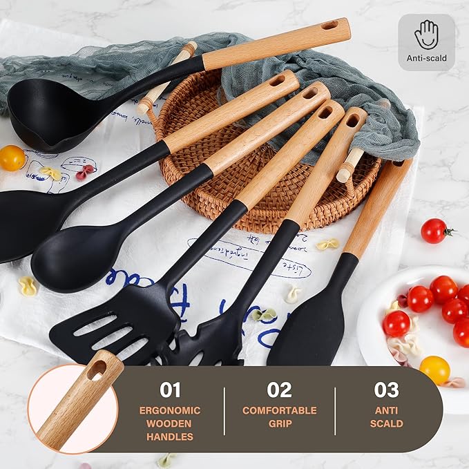 Silicone Cooking Utensils Set, Heat Resistance Large Kitchen Utensils Set with Long Wooden Handle, BPA-free Silicone Spatula, 6 Pcs Cooking Spoons for Non Stick Frying Pans and Pots（Black）