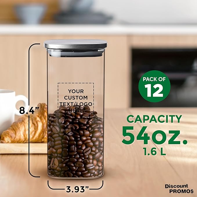 DISCOUNT PROMOS Custom Branson 53 oz. Square Storage Jars Set of 12, Personalized Bulk Pack - Durable Kitchen Organization, Home Decor Essentials, Food Storage Solutions - Clear