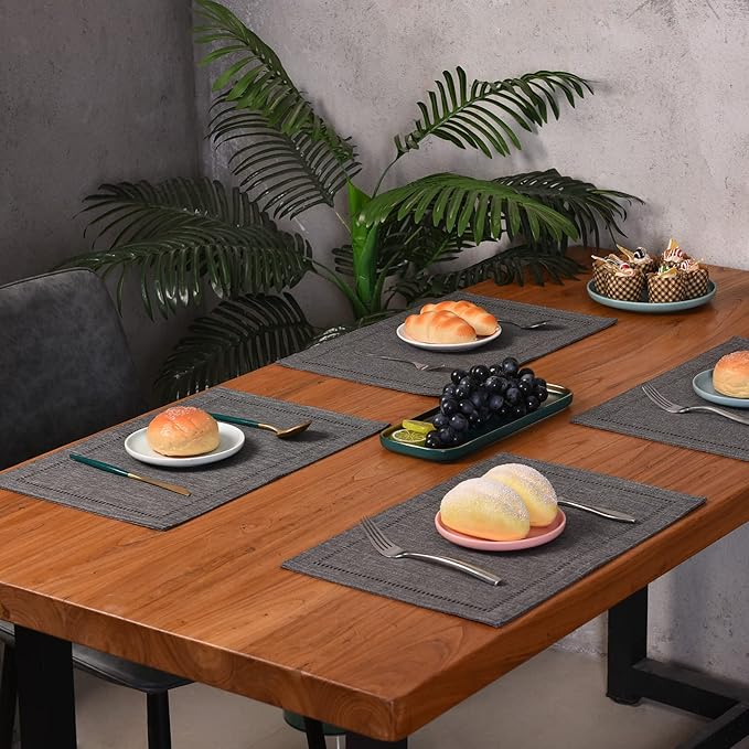 Tosewever Set of 6 Decorative Linen Placemats 12 x 18 Inches, Farmhouse Style Table Mats for Everyday Dining Wedding Party Holiday Home Decor (6 Pieces 12 x 18”, Grey/Straight)