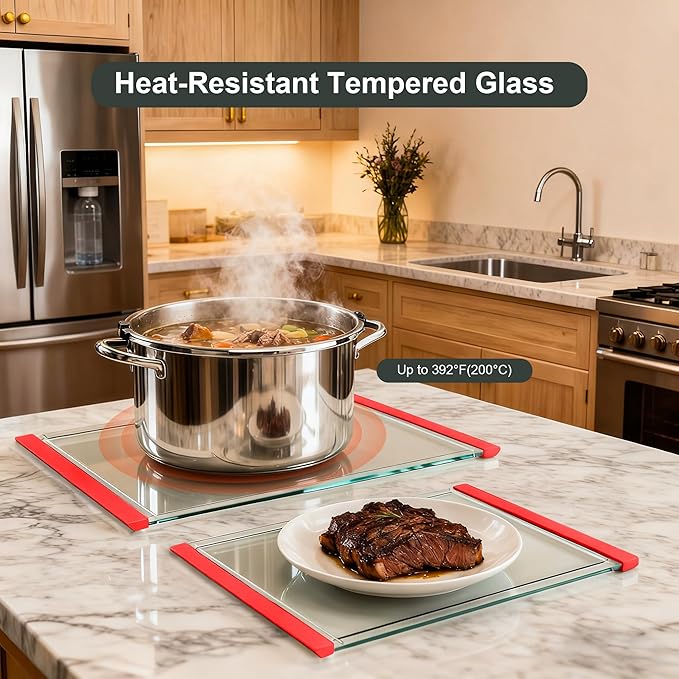 Tempered Glass Cutting Board Set for Kitchen Counter - Dishwasher Safe with Juice Grooves, Non-Slip Silicone Edges & Beveled Grip - 16"x12" & 12"x8" Serving Tray (Red-2PCS)