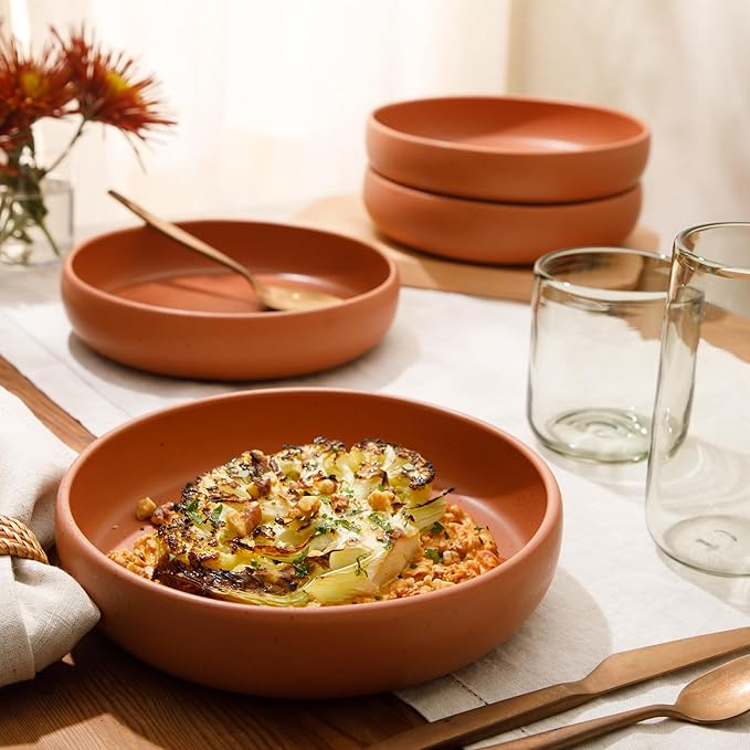 Bloomhouse - Two Time Oprah's Favorite Things Winner - Corsica Clay 4-Piece Dinner and Pasta Bowl Set – Burnt Apricot Terracotta Stoneware for Meals, Serving & Everyday Use