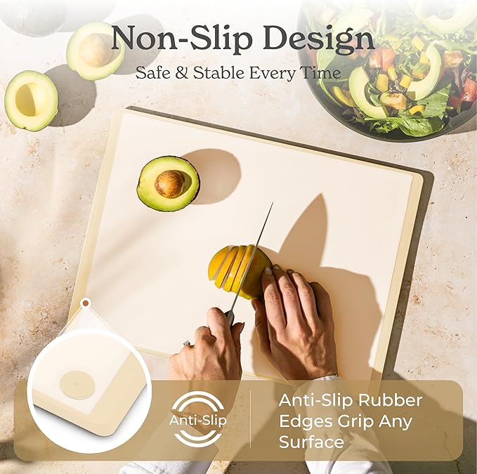 SMIRLY Plastic Cutting Board Set 3 Pieces, Non-Slip Dishwasher Safe Chopping Boards for Kitchen, Cream White