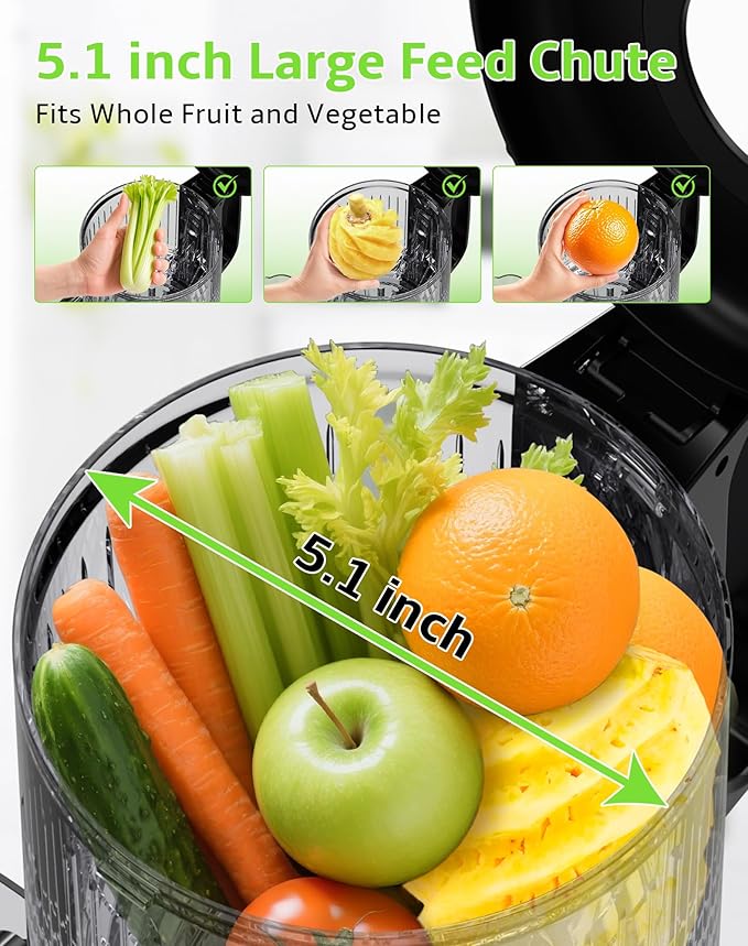 Slow Masticating Cold Press Juicer, 5.1" Wide Chute for Whole Fruits/Vegetables | Higher Juice Yield & More Nutrient Retention | BPA-Free | 300W Quiet Motor | Easy to Clean