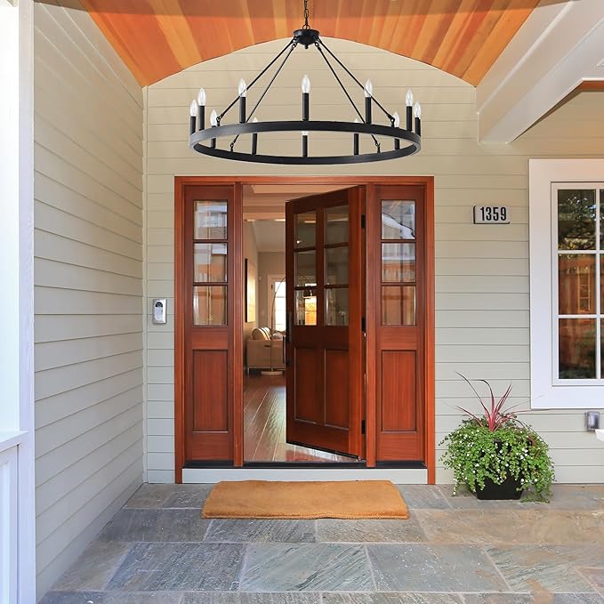 40 Inch Black Farmhouse Wagon Wheel Chandelier,12-Light Round Industrial Pendant Light fixtures for Outdoor Porch high Ceilings Living Dining Room Foyer Entryway