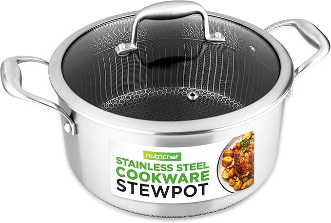 NutriChef 5 QT Stainless Steel Stew Pot - Triply Kitchenware Stew Pot with Glass Lid - DAKIN Etching Non-Stick Coating, Scratch-resistant Raised-up Honeycomb Fire Textured Pattern - NutriChef NC3PCAS