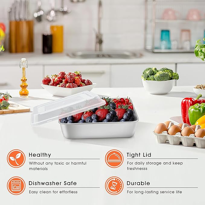 Herogo 8”x 8” Baking Pan, Stainless Steel Square Cake Pan with Lid, Cakes Brownie Lasagna Square Bakeware Set, Healthy & Dishwasher Safe