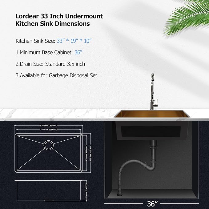 Lordear 33 Undermount Kitchen Sink 33x19 Matte Gold Undermount Sinks 16 Gauge Stainless Steel Deep Single Bowl Handmade Kitchen Sink Basin