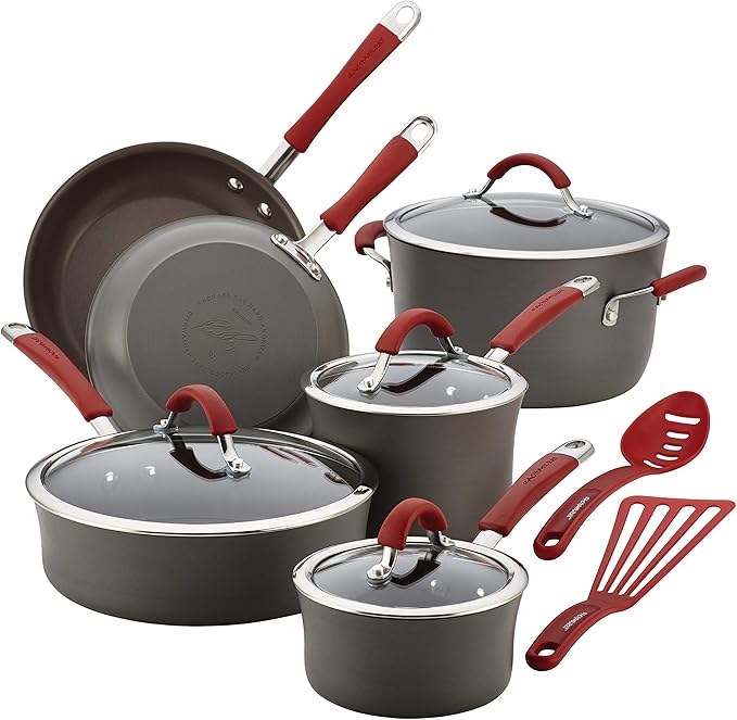 Rachael Ray - 87630 Rachael Ray Cucina Hard Anodized Nonstick Cookware Pots and Pans Set, 12 Piece & KitchenTools and Gadgets Nylon Cooking Utensils / Spatula / Fish Turners - 2 Piece, Red