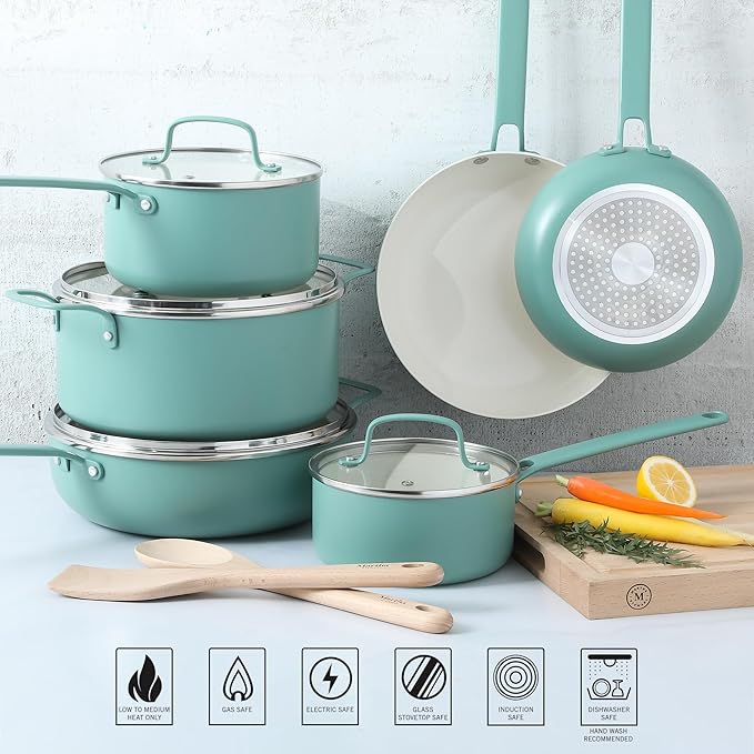 Martha Stewart Emmeline Premium Nonstick PFA Free Ceramic Interior 12 Piece Heavy Gauge Enamel Aluminum Pots and Pans Cookware Set - Teal