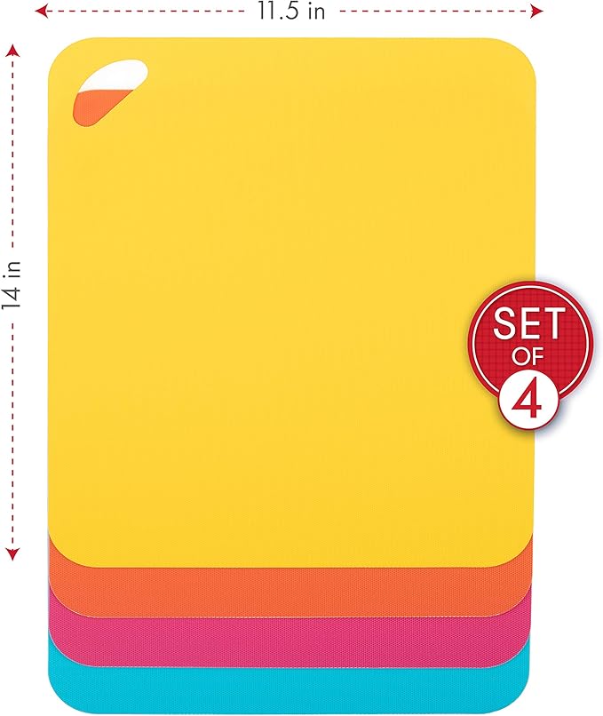 Dexas Heavy Duty Cutting Board Grippmat, Flexible Cutting Boards for Kitchen, Set of 4, Non Slip Plastic Board Cutting Mat 11.5 by 14 inches, Bright Blue, Yellow, Orange and Pink Set Kitchen Gadgets