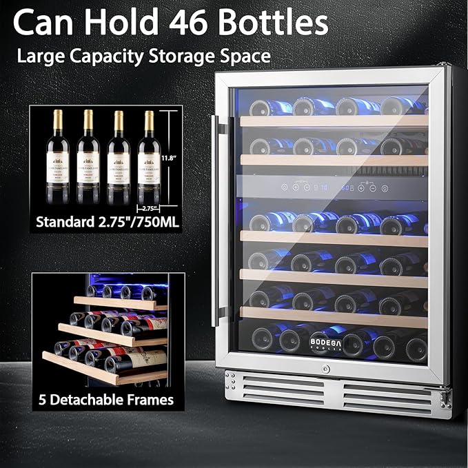 BODEGA 24 Inch Wine Fridge Dual Zone, 46 Bottle, Built-In or Under Counter Freestanding Wine Cooler Refrigerator With Stainless Steel Handle, Wine Cooler With Lock, Energy Efficient,For Home, Kitchen