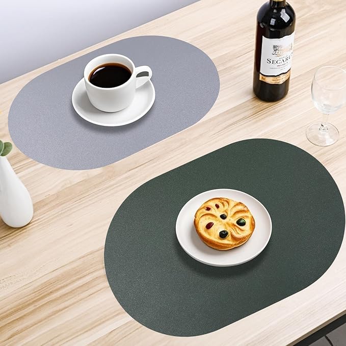 Faux Leather Placemats Set of 6 Oval Reversible Placemat Waterproof Green and Grey PU Table Mats Heat Resistant Anti Slip Wipeable Place Mat for Indoor and Outdoor Dining Table