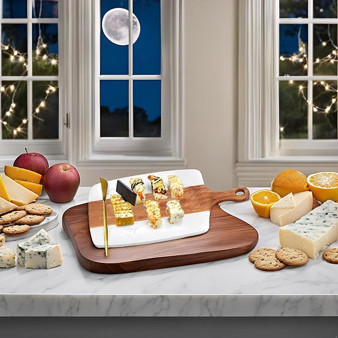 Marble and Acacia Wood Cheese Cutting Board with 4Pcs Cheese Knife Set,Luxury Charcuterie Serving Board w Utensils| Handmade Easy Grip Handle Appetizer Platter Display Tray (13.78 IN*7.08 IN*0.8 IN)