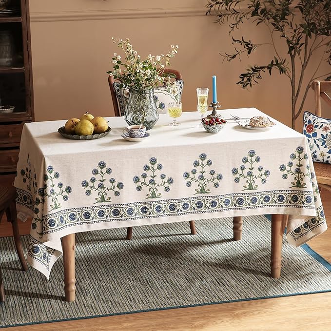 patdrea Designer Blue Tablecloth for Rectangle Tables,Vintage Linen with Leaves and Flowers Pattern Tablecloths,Farmhouse Floral Table Cover Cloth Decor for Kitchen Dining Christmas,63"*102"