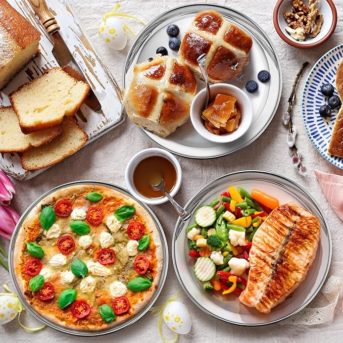 P&P CHEF 10 Inch Pizza Pan, Stainless Steel Round Pizza Tray Baking Pans, Pizzas Plate Serving Tray for Cookie Meat, Oven & Dishwasher Safe & Easy Cleaning, (Mirror Finish) - 3 Pieces