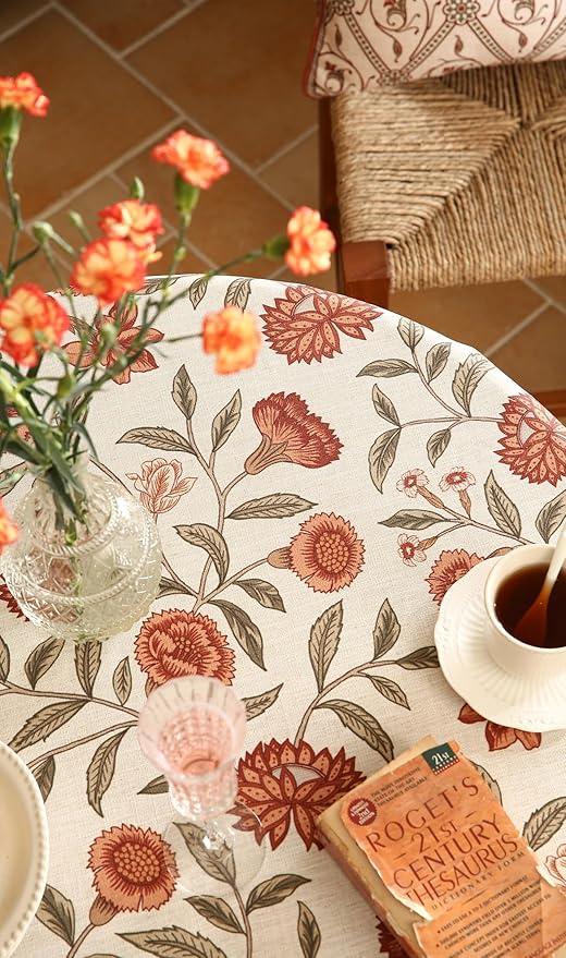 Floral Tablecloth for Round Tables,Linen Table Cloth with Orange Flowers and Green Leaves Pattern,Heavy Durable Table Cover for Dining Kitchen Decor Party Christmas,Diameter 67"