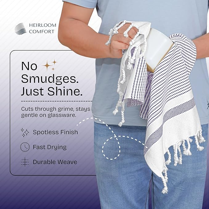 Indigo Blue Turkish Kitchen Towels 16x26 Inch, 12 Pack, 100% Cotton, Soft, Absorbent, Fast Dry, Machine Washable, Dish Towel with Tassels for Drying Dishes, Cleaning, Everyday Use