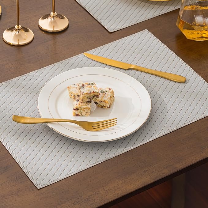BACKTOEDEN Placemats Set of 6 Heat Resistant Washable Wipeable Placemat Woven Non-Slip Foldable Vinyl/Plastic Place Mats Indoor/Outdoor Mat Kitchen Dining Table Pad, Light Gray Twill
