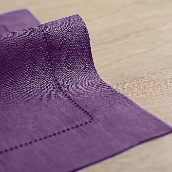 Solino Home Linen Cloth Placemats Set of 6-100% Pure Linen Hemstitch Purple Placemats 14 x 19 Inch - Classic Hemstitch Table Place Mats for Fall, Autumn, Thanksgiving, Christmas