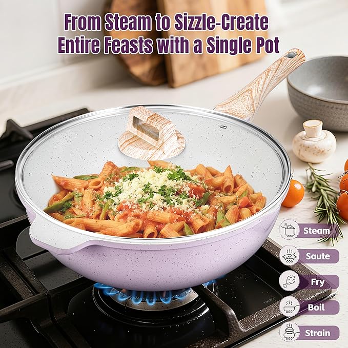 AOSION 12 Inch Nonstick Ceramic Deep Frying Pan,5.5QT Sauté Pan with lid,Large Skillet with Steam Rack,Healthy Jumbo Cooker,Stay Cool Handle,Induction Compatible, PFOA & PFAS Free,Purple.